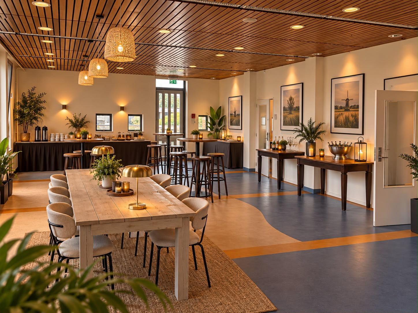 Sfeervolle ontvangstruimte met lange tafel en buffet