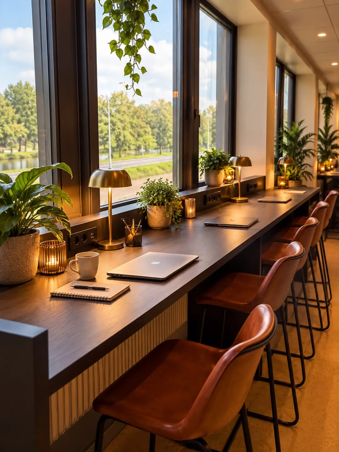 Werkplekken langs de ramen met uitzicht op het groen
