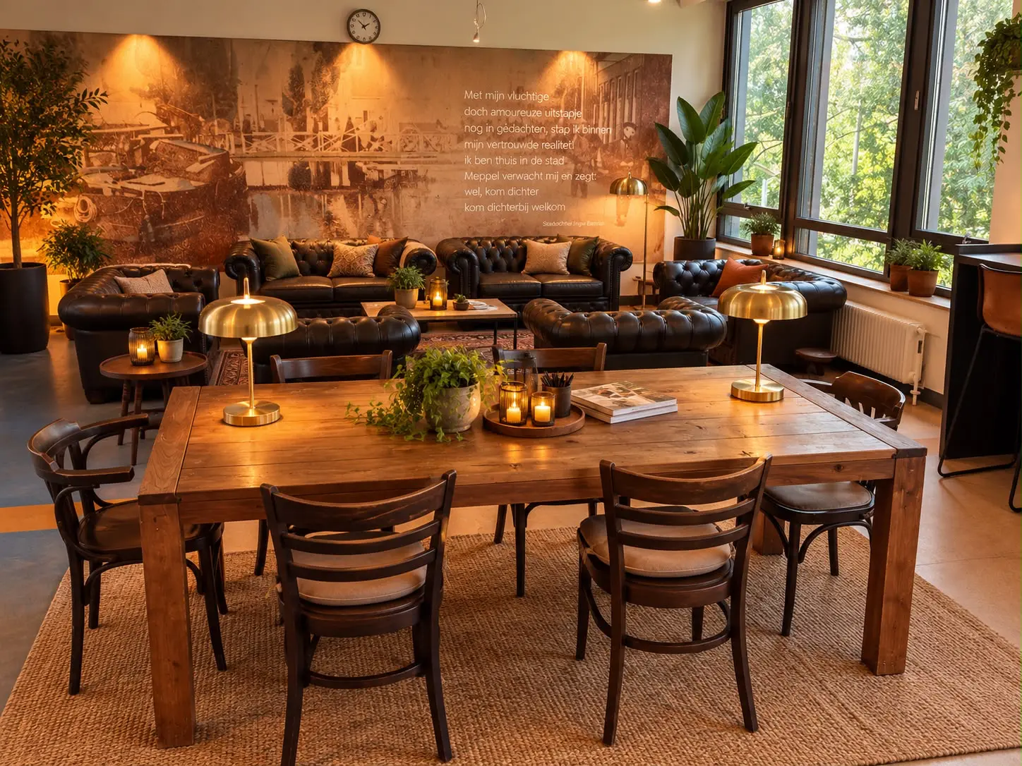 Gezellige lounge met banken en een grote houten tafel